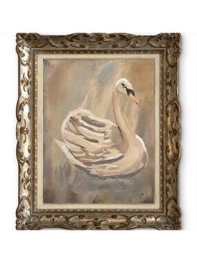 Swan Painting Cottagecore-Inspired Fine Art 14x11 Canvas Signed Home Wall Decor